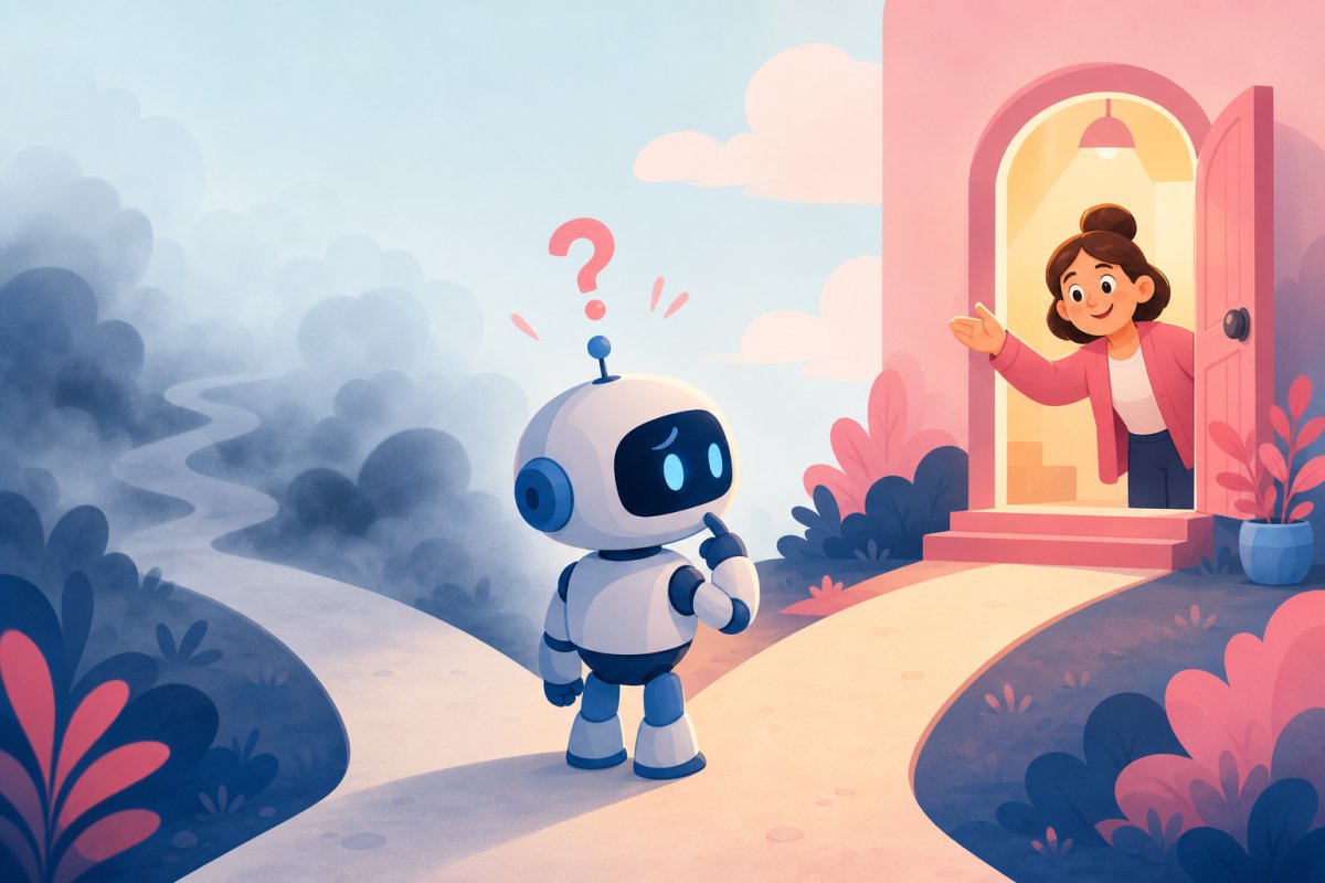 En tveksam tecknad robot står vid ett vägskäl mellan en dimmig genväg och en varmt upplyst dörr där en mänsklig handläggare väntar
