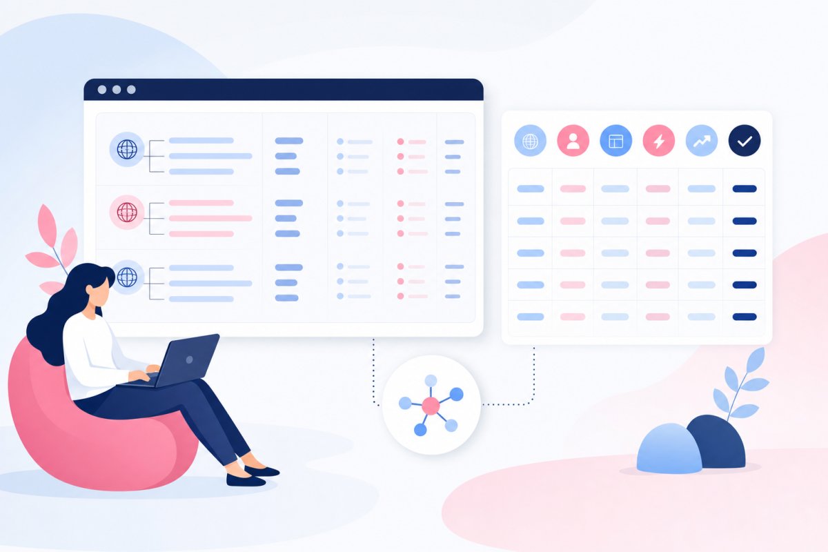 Chrome DevTools Network med anrop grupperade per leverantör och kolumner för initiator, överförd storlek och tid bredvid en inventering med leverantör, ägare, sidor, trigger, affärsnytta och beslut
