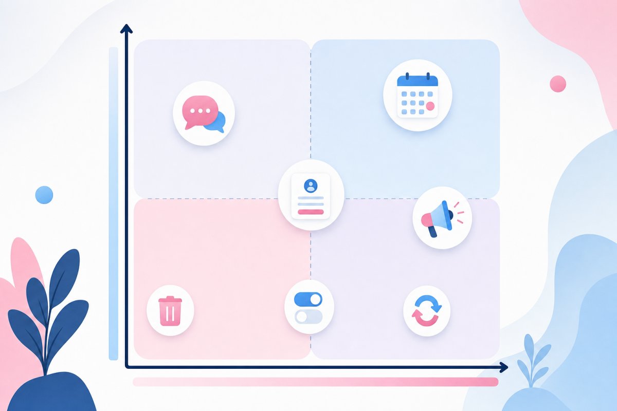 Beslutsdiagram med uppmätt INP-påverkan på ena axeln och verifierad affärsnytta på den andra där chatt, bokning, CRM-formulär och annonspixel placeras i behåll, villkorsladda, ersätt och ta bort