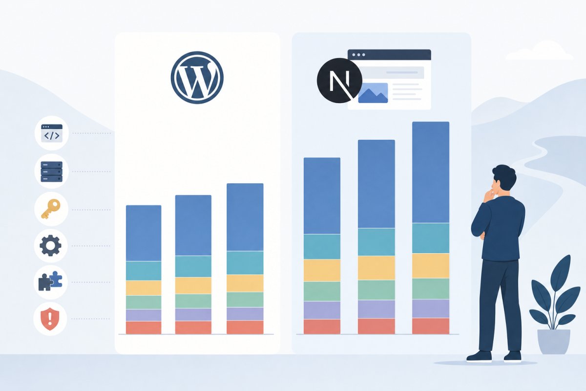 Treårig kostnadsmodell med staplade kolumner för traditionell WordPress och headless WordPress med Next.js, uppdelad i utveckling, hosting, licenser, underhåll, integrationer och incidenthantering