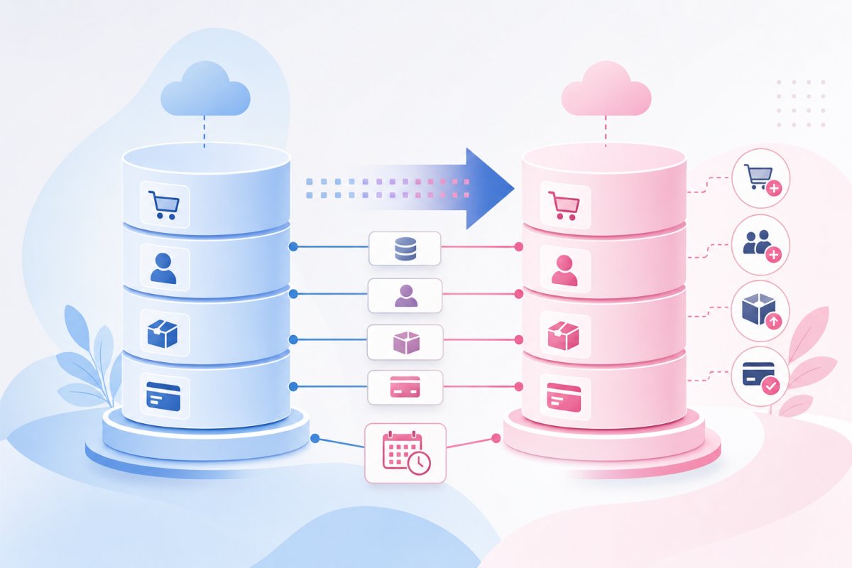 Ett tydligt databasdiagram med två kolumner märkta staging och live, där live fylls på med nya order, kundkonton, lagerändringar och betalstatusar efter kopieringen; visa WooCommerce HPOS-tabeller, användartabeller, orderrader och Action Scheduler som separata men sammankopplade datagrupper